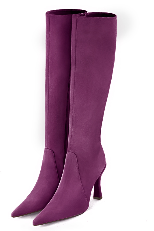 Mulberry purple women's feminine knee-high boots. Pointed toe. Very high spool heels. Made to measure - Florence KOOIJMAN